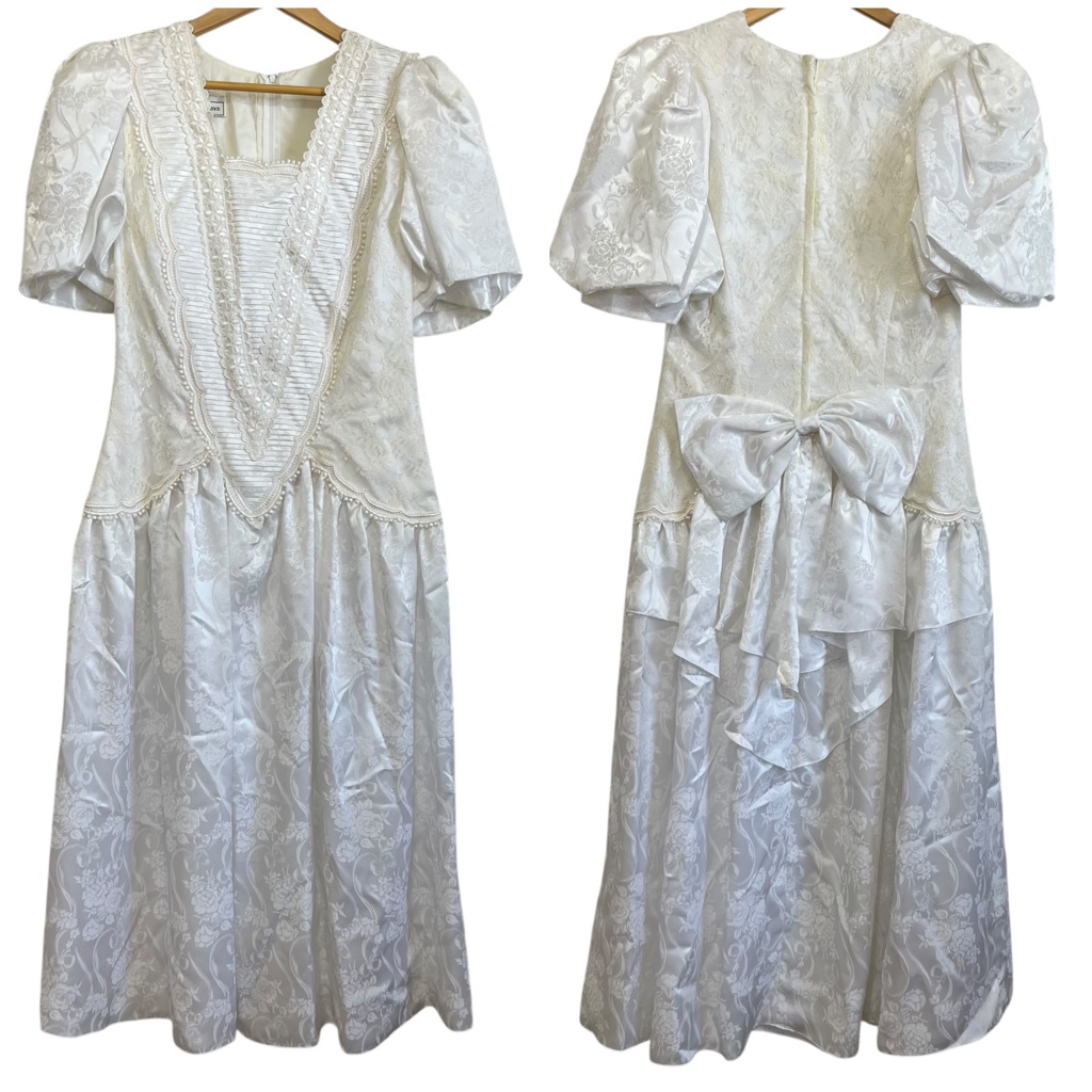 Vtg Scott Mcclintock Wedding Dress & Veil Puff Sleeve Drop Waist Ivory Size 4-6